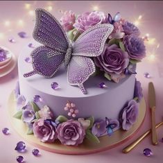 there is a cake decorated with purple flowers and butterflies