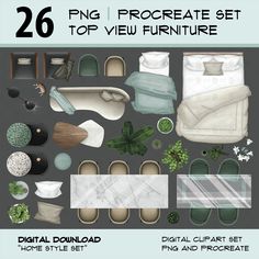 the top view furniture set is shown in this graphic design tool kit, including bedding and