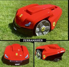 three pictures of a red toy car in the grass