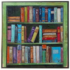 a painting of books on a green shelf