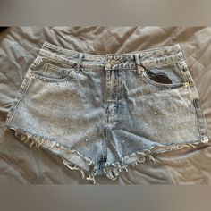 Brand New Denim Blue Wash Rhinestone Shorts! From White Fox, Tags On Size Is An Xl Would Fit A Us 8-10. I Wear A Us 12 And They Were Tight. Rhinestone Shorts, Rhinestone Jeans, Vintage Mom Jeans, Mom Jeans Shorts, Vintage Mom, High Rise Mom Jeans, White Fox Boutique, Distressed Shorts, White Fox