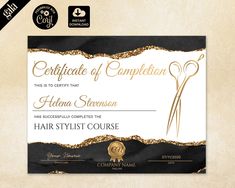 an award certificate for hair stylist with gold foil and black marble design on it