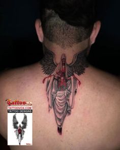 the back of a man's neck with tattoos on it and an angel tattoo