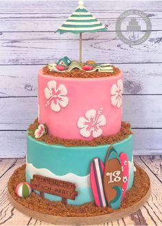 a multi layer cake decorated with pink and blue frosting