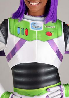 a woman with purple hair wearing a buzz lightyear costume