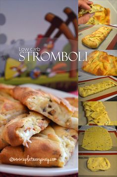 there are pictures of different pastries on the table and in front of them is an advertisement for stromboli