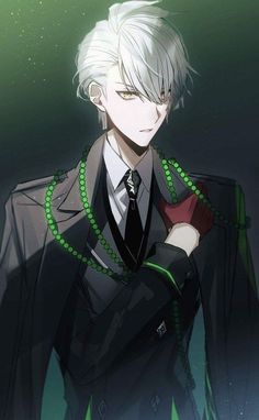 an anime character with white hair wearing a suit and green beaded necklace, holding his hand on his shoulder