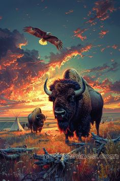 an eagle flies over two buffalo in the wild at sunset, while another bison looks on