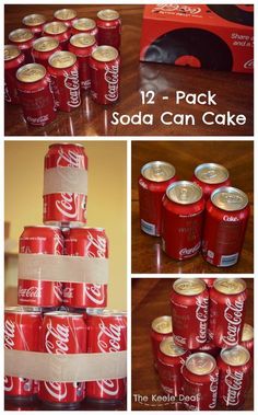 coca - cola can cake is stacked on top of each other with the words, 12 pack soda can cake