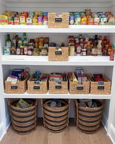 an organized pantry with baskets and food items