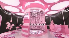 a pink room with lots of lights on the ceiling