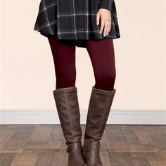 One Size Fits Most Casual Burgundy Bottoms For Fall, Fitted Burgundy Winter Bottoms, Casual Solid Legwear For Fall, Casual Fall Tights For Work, Casual Fall Workwear Tights, Red Fitted Leggings For Fall, Fitted Red Leggings For Fall, Casual Tights For Fall, Red Stretch Legwear For Fall