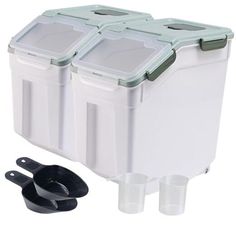 two plastic coolers with lids and spoons next to each other