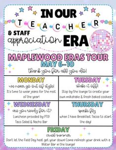 a poster with the words in our teacher appreciation era and an image of a disco ball