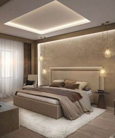 a bedroom with a large bed and lights on the ceiling