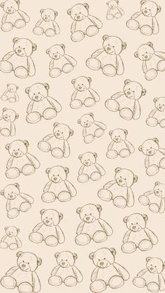 a bunch of teddy bears sitting next to each other on a white background with brown ink