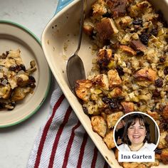 a casserole dish with bread and raisins in it next to a photo of a smiling woman