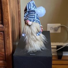 a stuffed animal wearing a hat on top of a black box in front of a door