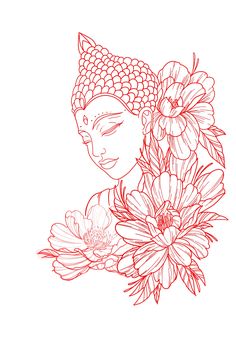 a drawing of a buddha surrounded by flowers