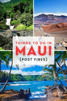 four pictures with the words things to do in mau post fires on them, including palm trees and mountains