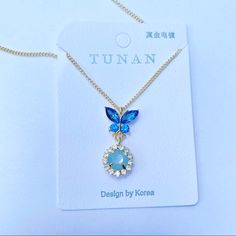 Korean Cute Elegant Butterfly Crystal Choker Necklace. Condition Is New If Interested Please Free To Contact To Know More Details Dainty Blue Butterfly Jewelry, Handmade Blue Butterfly Necklace, Crystal Butterfly Necklace, Elegant Blue Butterfly Charm Necklace, Blue Crystal Butterfly Necklace, Crystal Choker Necklace, Gold Baby, Crystal Choker, Butterfly Necklace