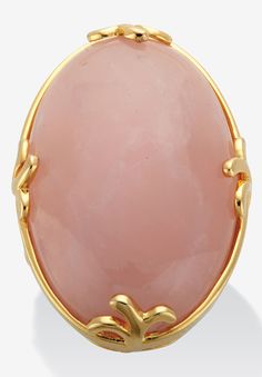 Make her feel like royalty with this bold, yet elegant, rose quartz ring. Framed by ornate gold-plated prongs, this bewitching cabochon ring will add charm and elegance to any outfit. Set on an 18K yellow gold-plated band. Sizes 6-10.FABRIC: 18k Gold-PlatedMain Stone: 1 Oval Cabachon Cut Genuine Rose Quartz, 30 mm x 20 mmDimensions: 20 mm wide x 30 mm long x 9 mm highIncludes gift box and drawstring pouch available in sizes 6-10 | Women's Cabochon Cut Rose Quartz 18K Gold-Plated Cocktail Ring by Cabochon Ring Design, Rose Quartz Rings, Bezel Set Cabochon, Snow Wedding, Trend Board, Art Final, Rose Quartz Jewelry, Chalcedony Earrings, Dark Autumn