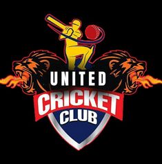 the united cricket club logo on a black background, with flames coming out of it