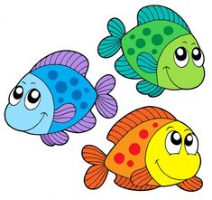 three cartoon fish with different colors and sizes