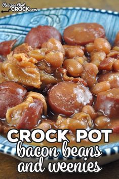 crock pot bacon beans and veggies in a blue bowl on a wooden table