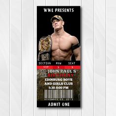 a wrestling birthday party ticket with a wrestler on the front and an image of a man's torso