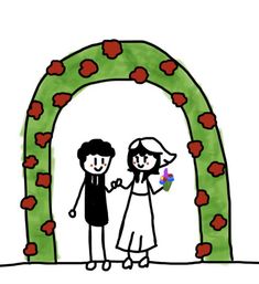 a drawing of a couple holding hands in front of an arch with roses on it