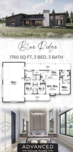 Plan Description The Blue Ridge barndominium plan is a 1706 square foot, 3 bedroom, 3 bathroom plan with a uniquely stunning curb appeal. The mixtures of metal, wood, and stone add a luxurious aspect to this barndominium that’s hard to miss. Both sides of the home have a massive covered patio, and walking inside either area welcomes you into a large open-concept area. The great room with built-in fireplace, dining area, and kitchen with a spaciou House Plans You Can Add On To Later, Advanced House Plans, Fireplace Dining, Modern Barndominium, Bathroom Plan, Farmhouse Floor Plans