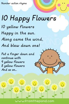 a poster with the words 10 happy flowers and an image of a boy in yellow