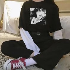 Korean Black Outfit, Oversized Tshirt Outfit Korean, Oversize Tshirt Outfits, Oversize Outfit, Outfits Con Jeans, Harajuku Outfits, Oversized Outfit, Yumeko Jabami, Outfits With Converse