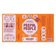 the back side of a bag of peopel people hot sauce on an orange background