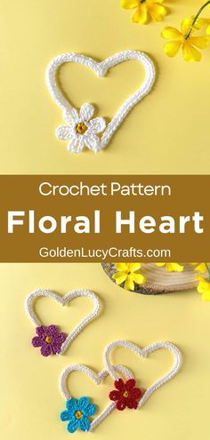 crochet pattern for floral heart with flowers and hearts in the middle on yellow background