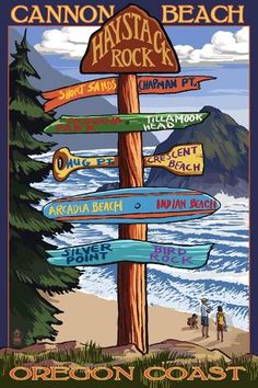 the california coast sign post has many signs on it