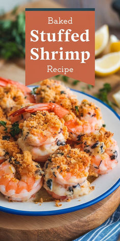 baked stuffed shrimp recipe on a plate with lemons and parsley in the background