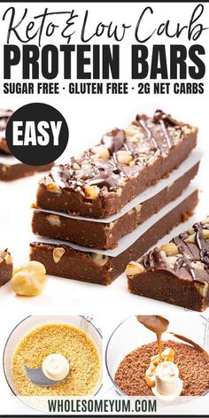 chocolate bars with nuts on top and the words, keto low carb protein bars