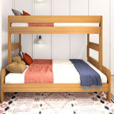 a wooden bunk bed sitting on top of a carpeted floor next to a white wall