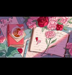 some pink flowers and books on a table with a cup of tea next to it