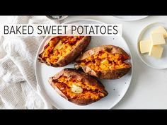 three baked sweet potatoes on plates with butter and other ingredients around them, ready to be eaten