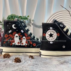 🌿 Love Embroidered Converse 🌿 ❤️ About Our Products: Each pair of shoes from our store is brand new and hand-embroidered to order. Please ensure you select the correct shoe size before checkout. The embroidery is durable and won't fade over time. ✨ Personal Expression: Showcase your unique style with custom embroidery! Contact me to create your own embroidered shoes with a private listing. I'll send you the design for approval before embroidering the shoes. Alternatively, you can design your p Aesthetic Shoes Sneakers, Converse Embroidery, Embroidered Converse, Cute Converse, Garden Embroidery, Embroidered Shoes, Dress Design Sketches, Cute Sneakers