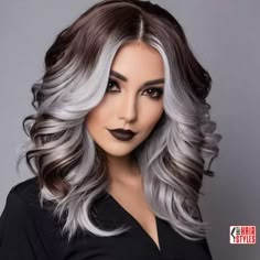 Edgy Balayage Hair, Grey Blending, Black And Grey Hair, Reverse Balayage, Two Tone Hair, Silver Blonde Hair, Grey Hair Inspiration, Chocolate Mocha, Gorgeous Hair Color