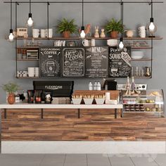 a coffee shop with chalkboard menus on the wall and hanging lights above it