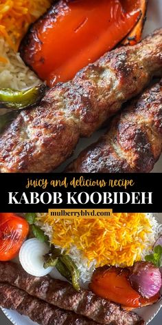 the kebab kobob is served with vegetables and rice