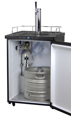 an open mini fridge with a keg in it