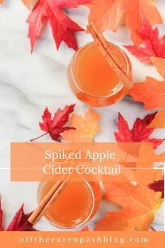 spiced apple cider cocktail with cinnamon sticks and fall leaves on the side text overlay reads, spiced apple cider cocktail