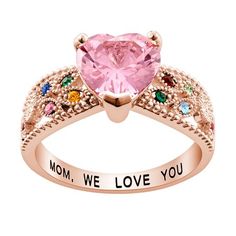 Celebrate the love she has for her family with this personalized Rose Gold Plated family birthstone ring. The ring features her birthstone as the center heart stone with milgrain detailing and has a leaf motif on each side of the ring. The leaves are set with round birthstones on both sides and in the gallery of the ring. Personalize with up to a total of 11 birthstones and add a message as well, engraved on the inside of the band, up to 20 characters. Ideal for Mom and for Grandma too! Size: on Mom Rings, Family Birthstone Ring, Mothers Rings, Mother's Ring, Mothers Ring, Mothers Heart, Mom Ring, Marco Antonio, Bridesmaid Gifts Jewelry