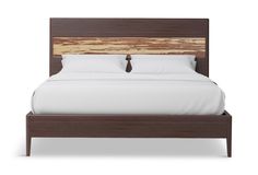 a bed with white sheets and wooden headboard on it's side, against a white background